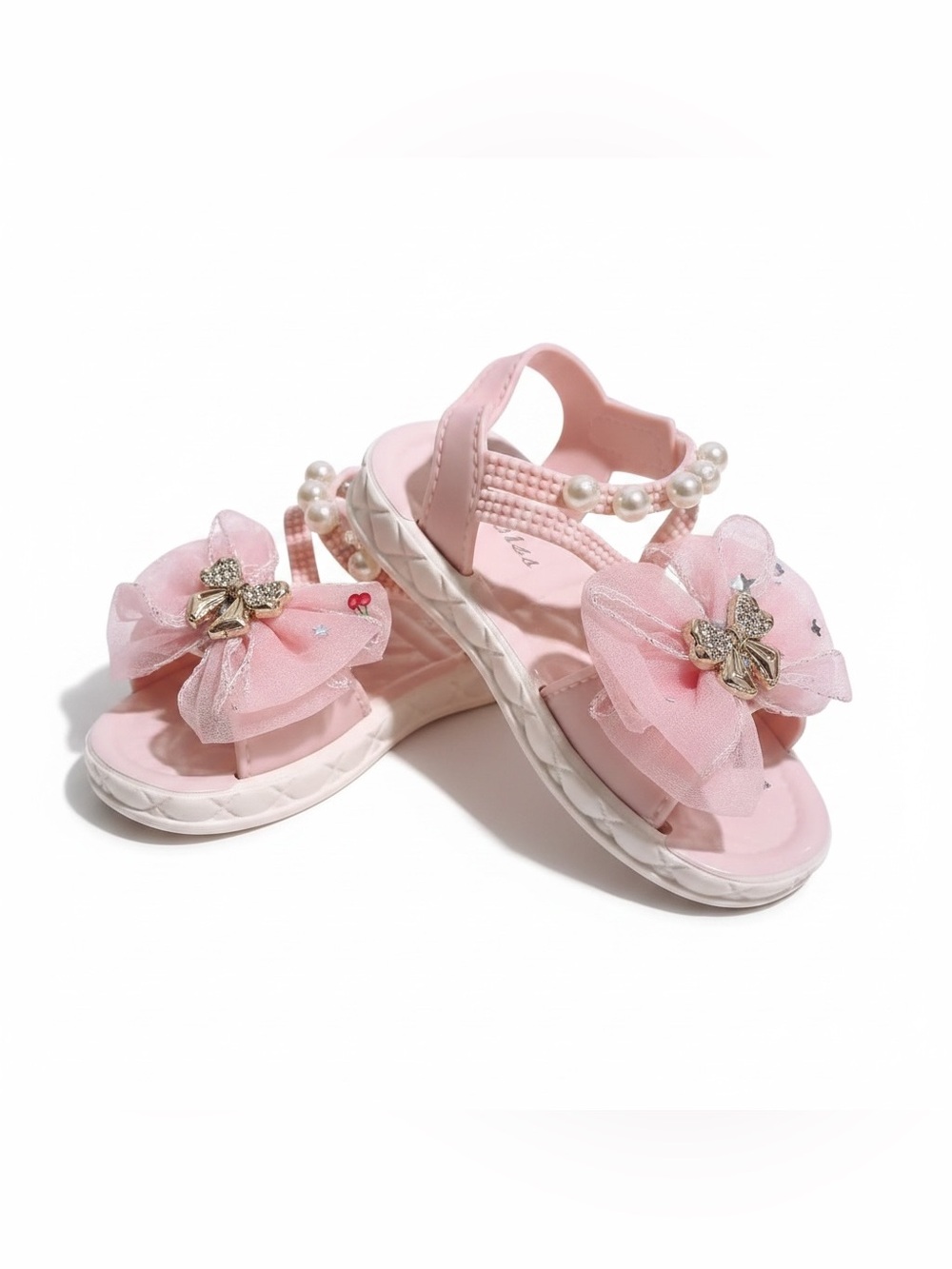 Girls Pink Floral Bow Sandals with Pearl Strap